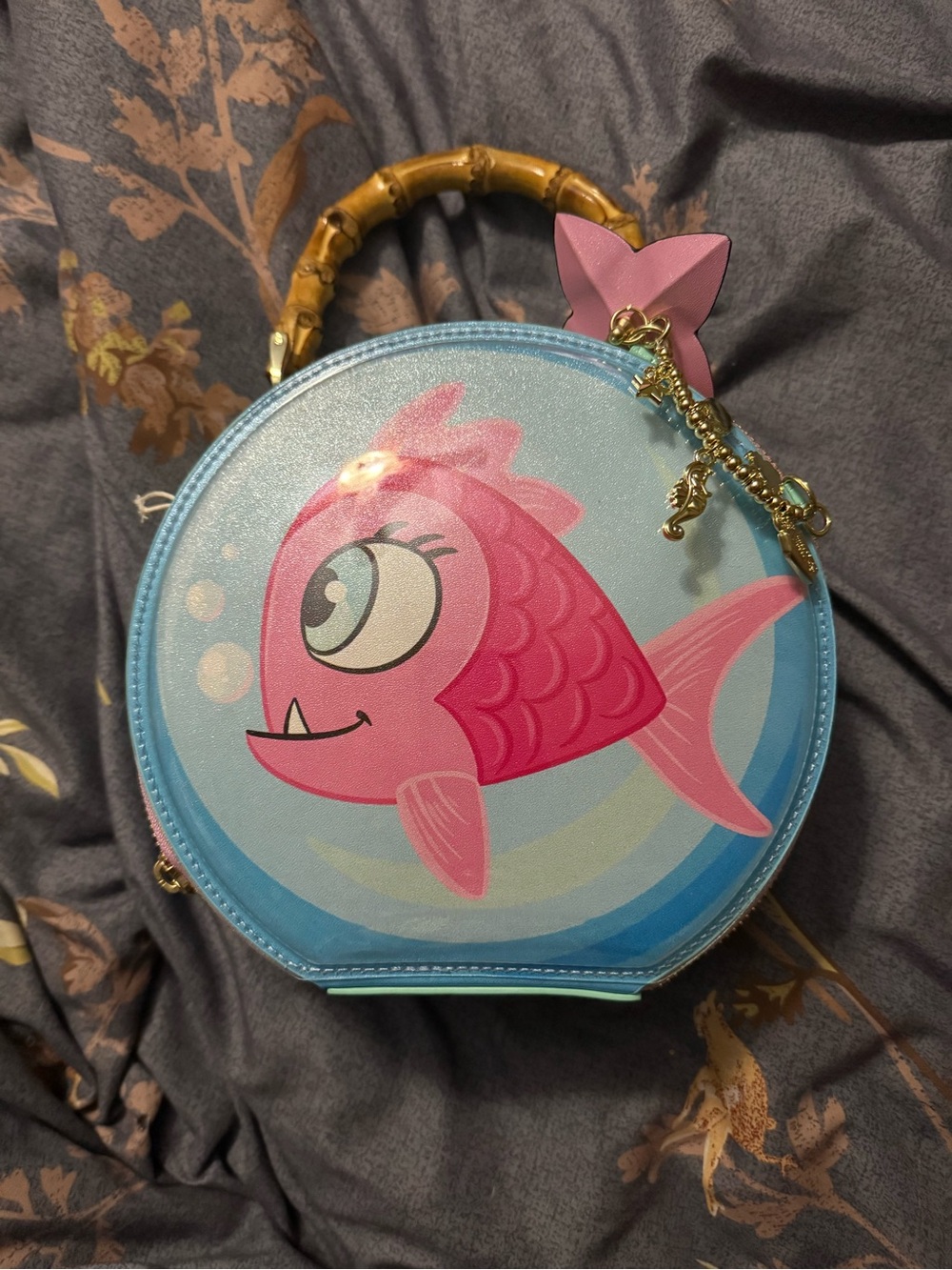 Monster High Loungefly Pink Fish Round Crossbody Bag with Blue Background